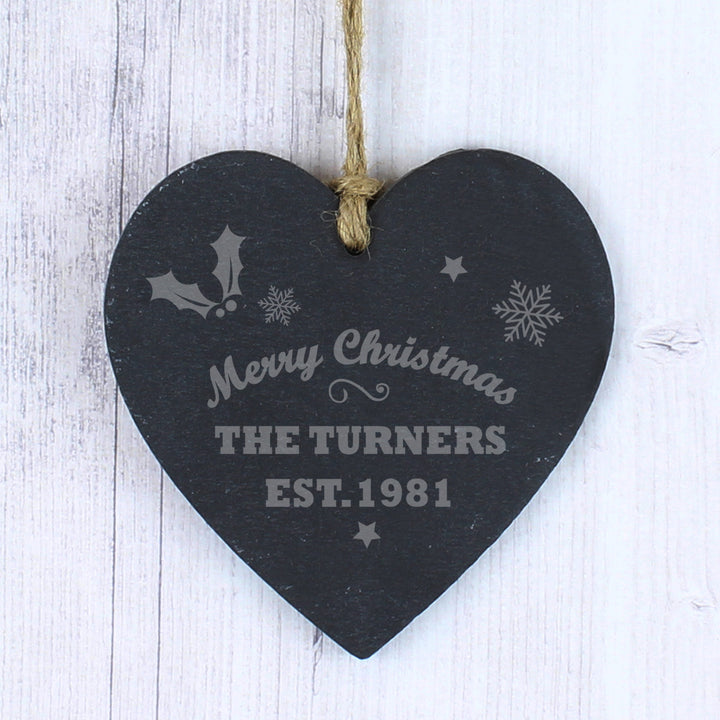 Personalised Merry Christmas Slate Heart Decoration - part of the Gifts Finder Personalised Heart Decorations collection