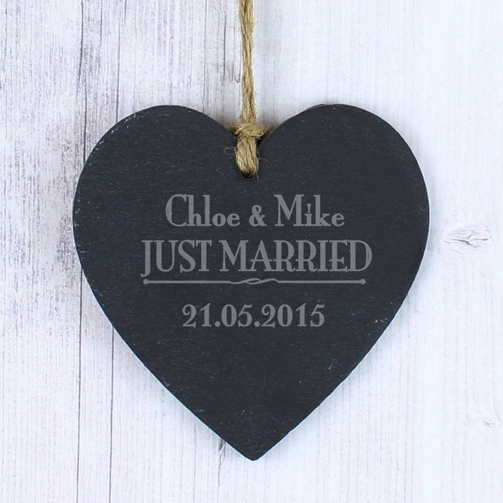 Personalised Just Married... Slate Heart Decoration - part of the Gifts Finder Personalised Heart Decorations collection