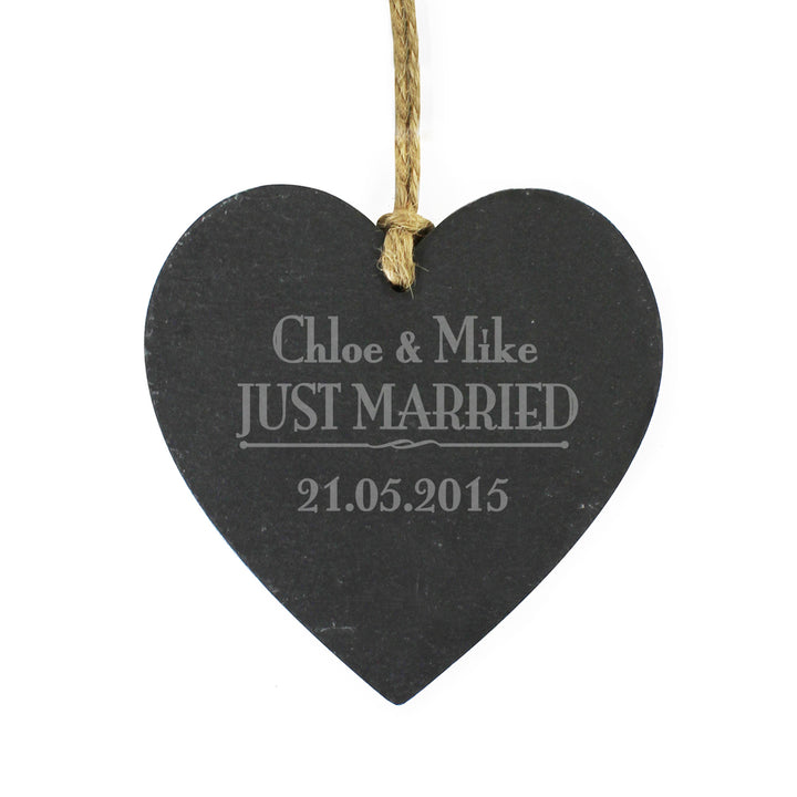 Personalised Just Married... Slate Heart Decoration - part of the Gifts Finder Personalised Heart Decorations collection