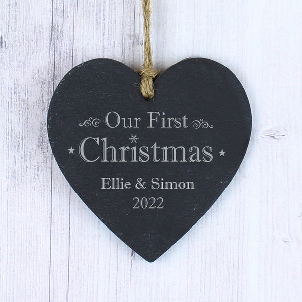 Buy Personalised Our First Christmas Slate Heart Decoration at www.giftsfinder.co.uk