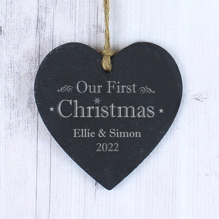 Personalised Our First Christmas Slate Heart Decoration - part of the Gifts Finder Personalised Heart Decorations collection