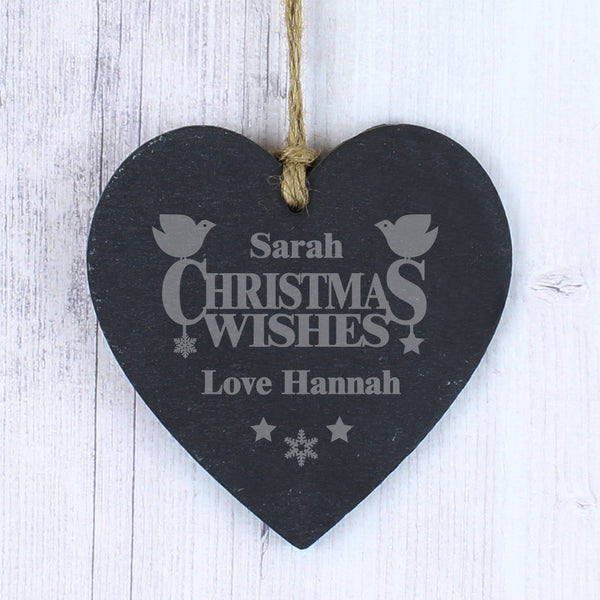 Buy Personalised Christmas Wishes Slate Heart Decoration available now at www.giftsfinder.co.uk