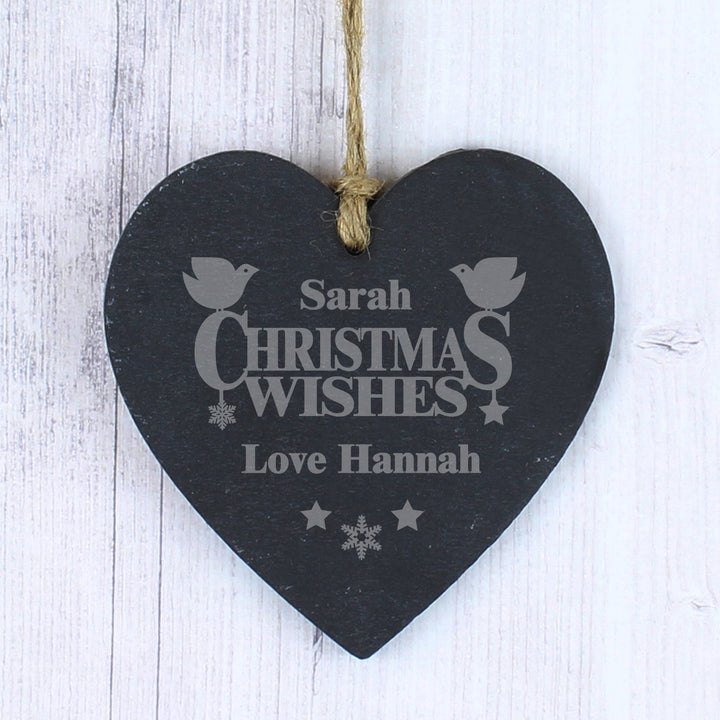 Personalised Christmas Wishes Slate Heart Decoration - part of the Gifts Finder Personalised Heart Decorations collection