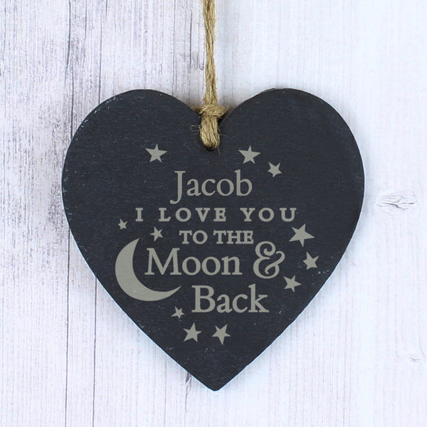 Buy Personalised Engraved Moon and Back Slate Heart Decoration available now at www.giftsfinder.co.uk