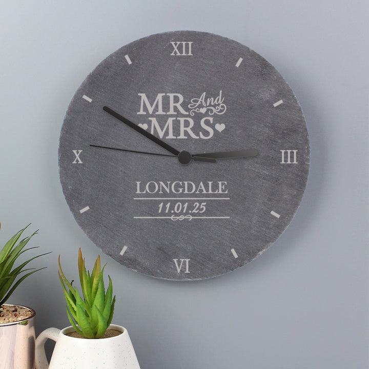 Buy Personalised Mr & Mrs Slate Clock at www.giftsfinder.co.uk