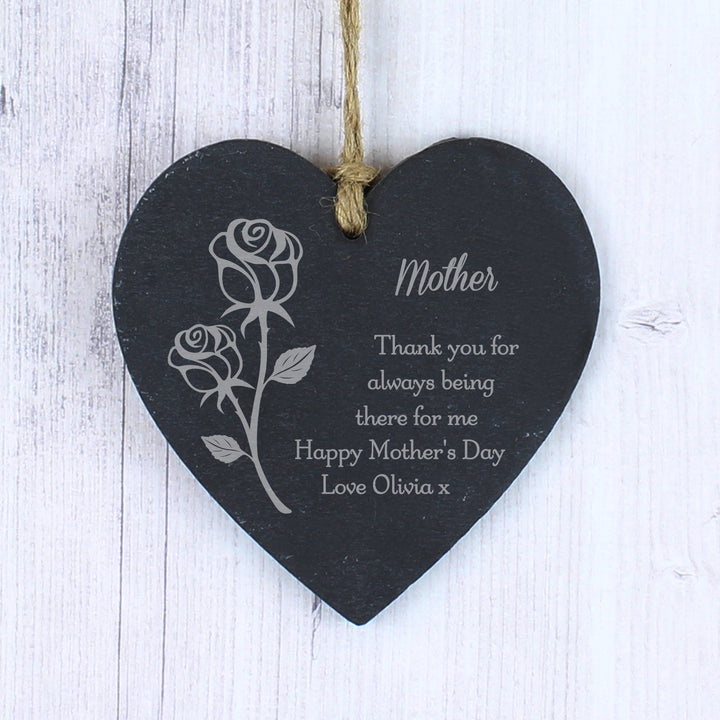 Buy Personalised Rose Slate Heart Decoration at www.giftsfinder.co.uk