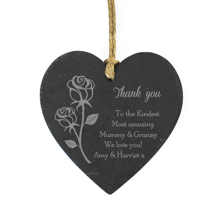 Buy Personalised Rose Slate Heart Decoration at www.giftsfinder.co.uk