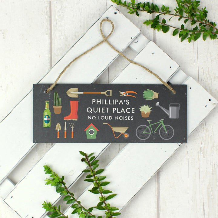 Buy Personalised Garden Printed Hanging Slate Plaque at www.giftsfinder.co.uk