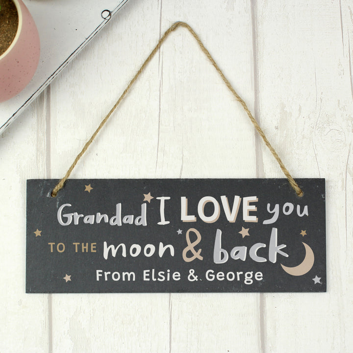 Buy Personalised To the Moon and Back Hanging Slate Plaque at www.giftsfinder.co.uk