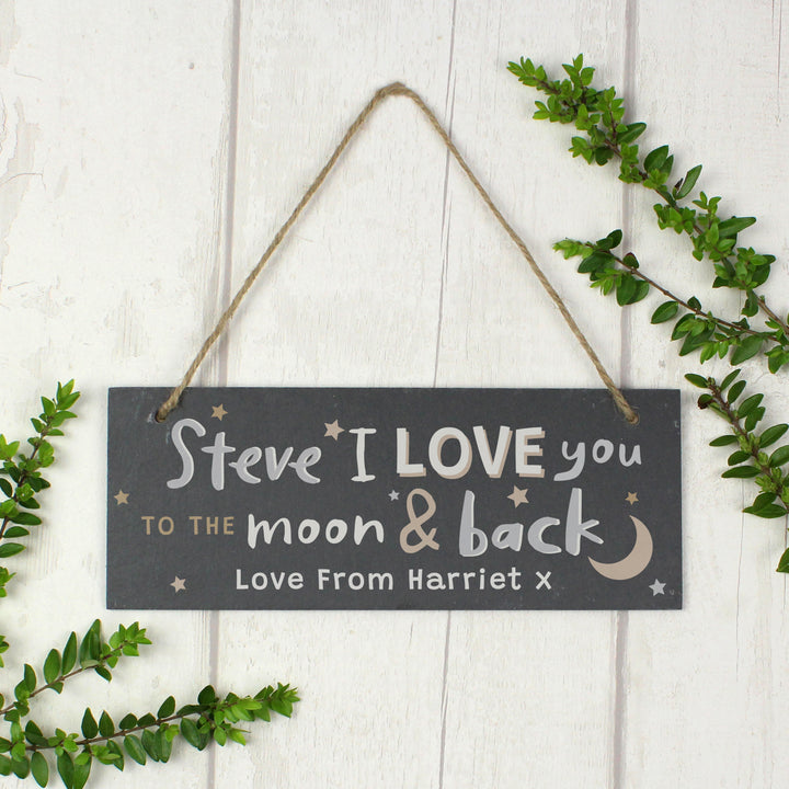 Buy Personalised To the Moon and Back Hanging Slate Plaque at www.giftsfinder.co.uk