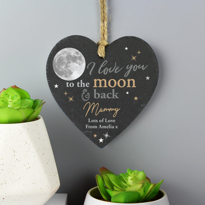 Buy Personalised Moon and Back Slate Heart Decoration available now at www.giftsfinder.co.uk