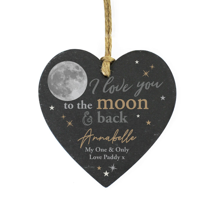 Buy Personalised Moon and Back Slate Heart Decoration available now at www.giftsfinder.co.uk