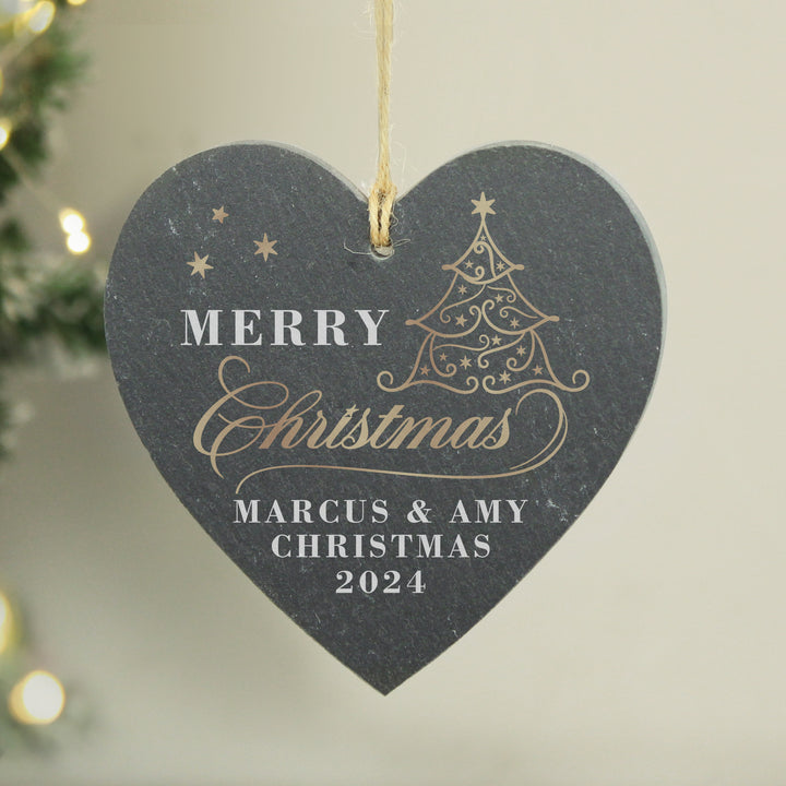 Buy Personalised Gold Christmas Slate Heart Ornament available now at www.giftsfinder.co.uk