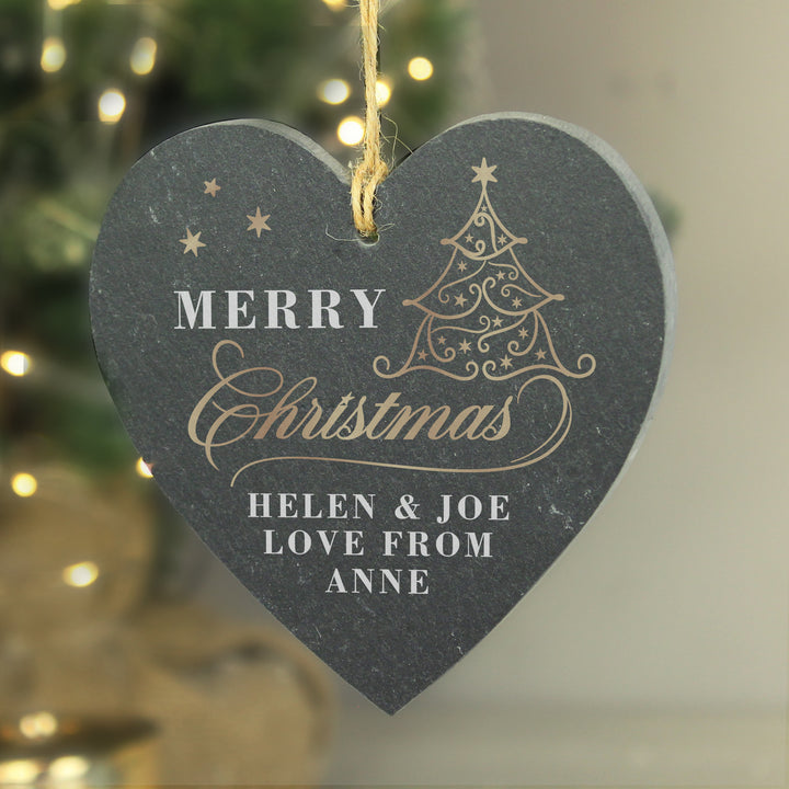 Buy Personalised Gold Christmas Slate Heart Ornament available now at www.giftsfinder.co.uk