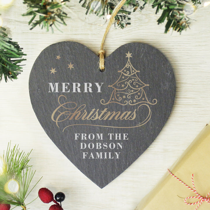 Buy Personalised Gold Christmas Slate Heart Ornament available now at www.giftsfinder.co.uk