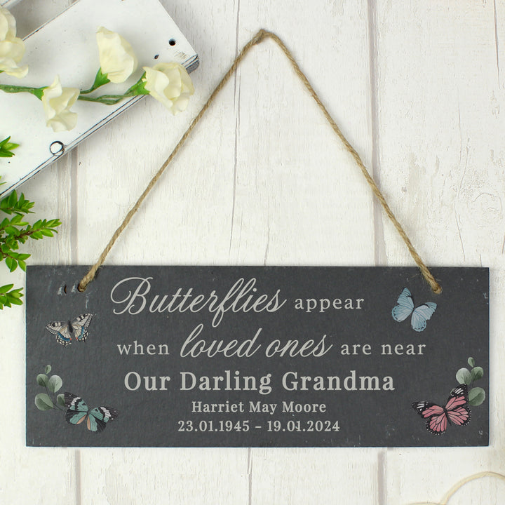 Buy Personalised Memorial Butterflies Appear Slate Hanging Ornament available now at www.giftsfinder.co.uk