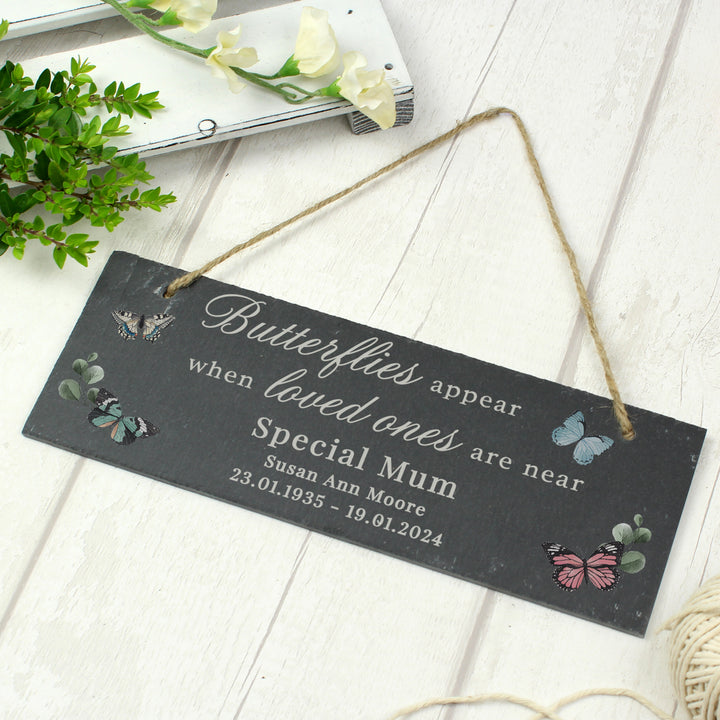 Buy Personalised Memorial Butterflies Appear Slate Hanging Ornament available now at www.giftsfinder.co.uk