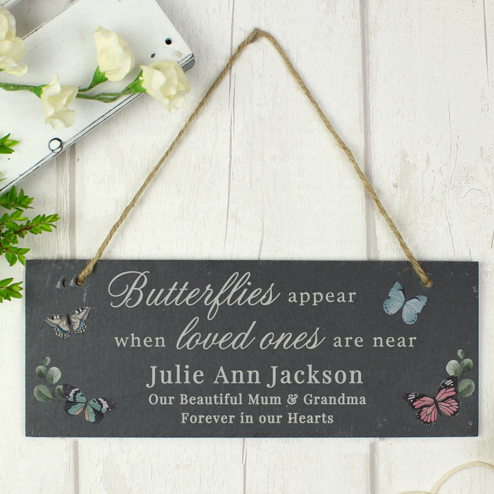 Buy Personalised Memorial Butterflies Appear Slate Hanging Ornament available now at www.giftsfinder.co.uk