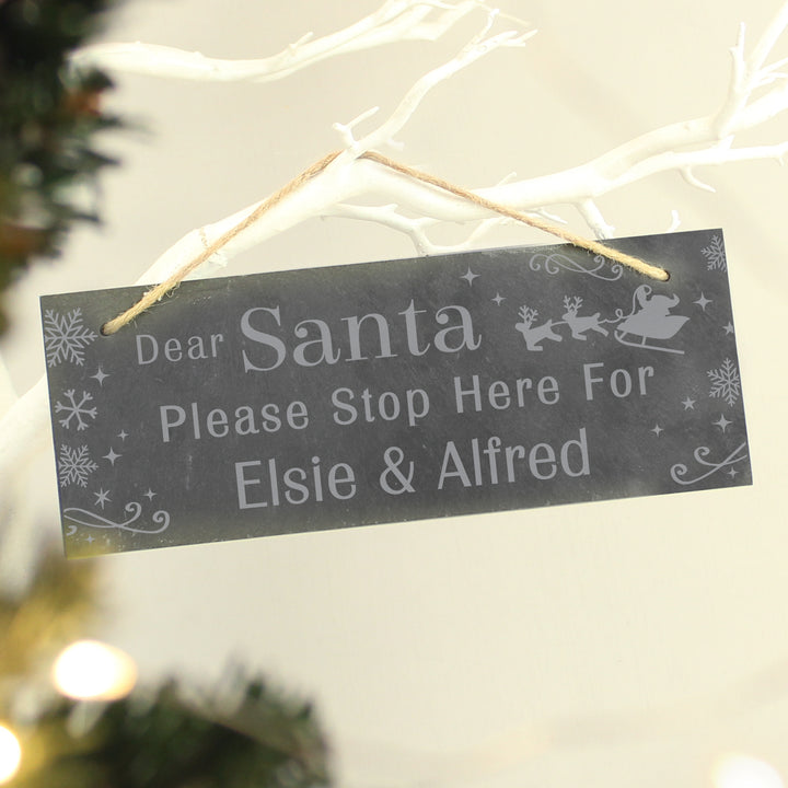 Personalised Santa Please Stop Here... Hanging Slate Sign