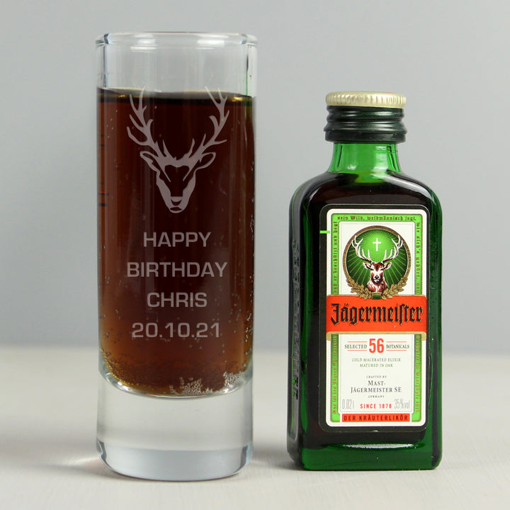 Personalised Stag Shot Glass and Miniature Jagermeister in gift category Personalised Alcohol Gift Sets