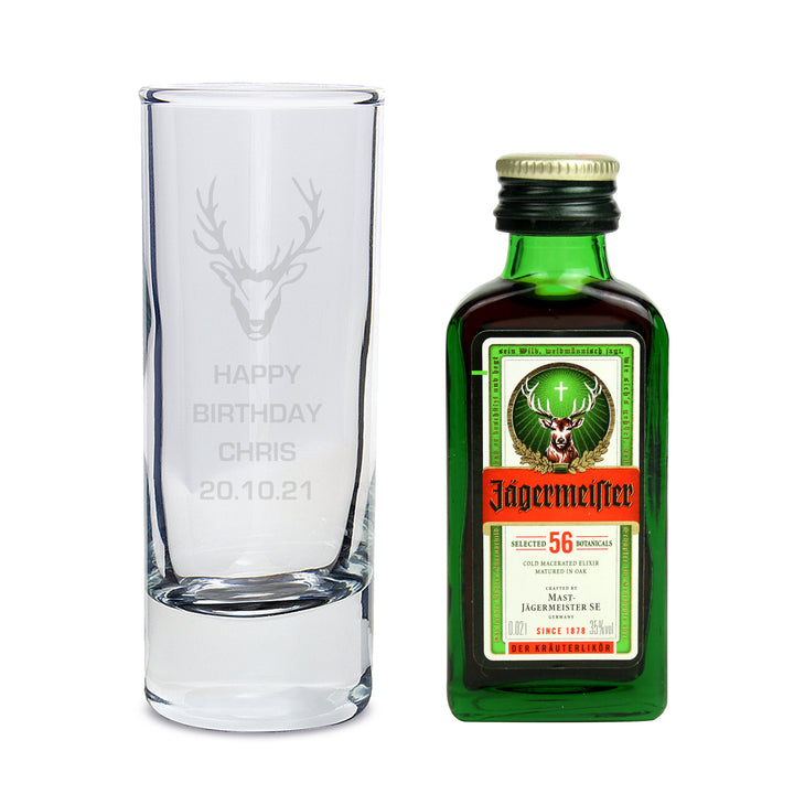 Personalised Stag Shot Glass and Miniature Jagermeister in gift category Personalised Alcohol Gift Sets