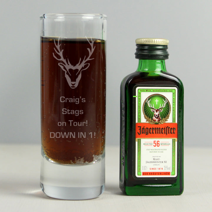 Personalised Stag Shot Glass and Miniature Jagermeister in gift category Personalised Alcohol Gift Sets