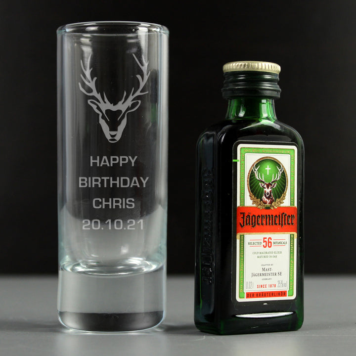 Personalised Stag Shot Glass and Miniature Jagermeister in gift category Personalised Alcohol Gift Sets