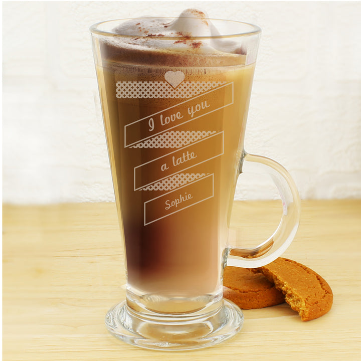 Buy Personalised Heart Banner Latte Glass available now at www.giftsfinder.co.uk