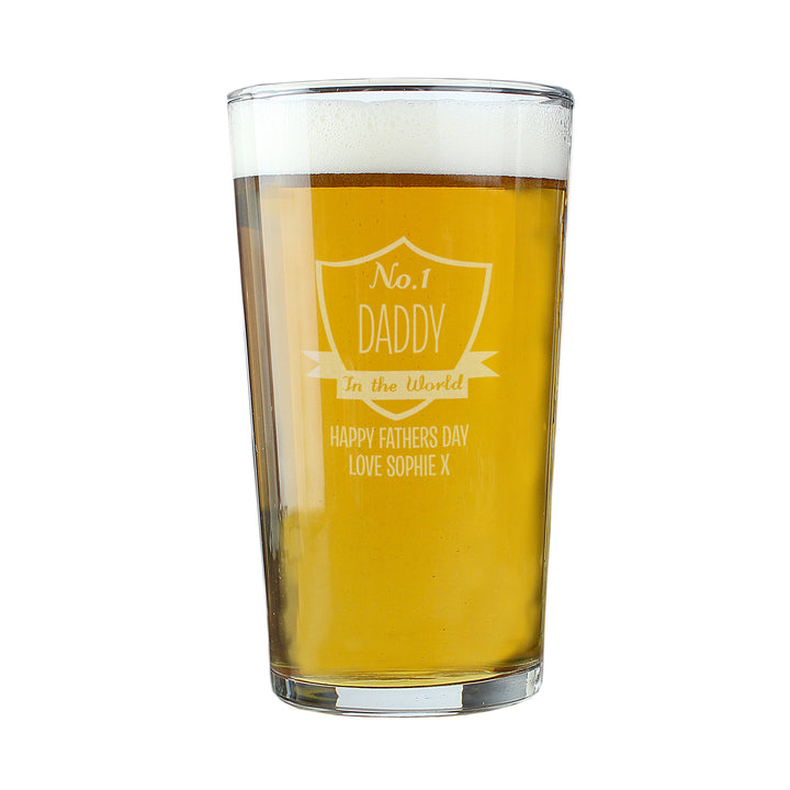 Buy Personalised No.1 Shield Pint Glass at www.giftsfinder.co.uk