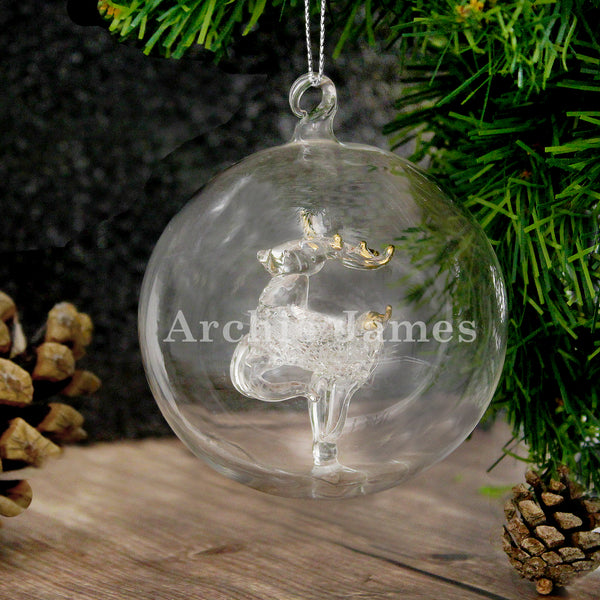 Buy Personalised Name Only Reindeer Glass Bauble at www.giftsfinder.co.uk