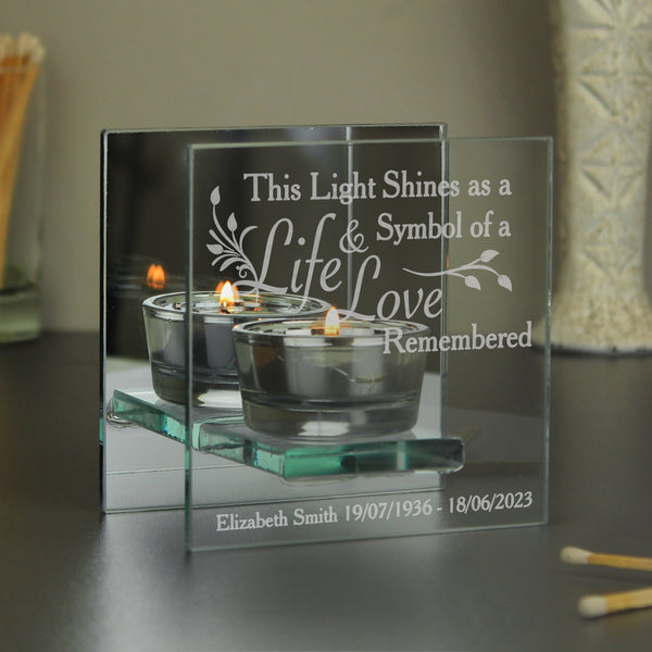 Buy Personalised Life & Love Mirrored Glass Tea Light Candle Holder at www.giftsfinder.co.uk