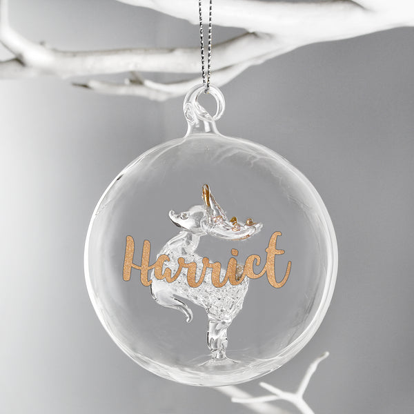 Personalised Gold Glitter Name Only Reindeer Glass Bauble - part of the Personalised Glass Baubles collection