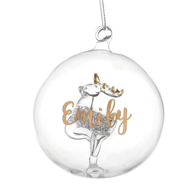 Buy Personalised Gold Glitter Name Only Reindeer Glass Bauble at www.giftsfinder.co.uk