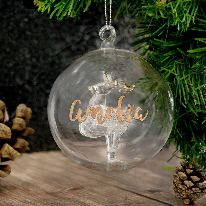 Buy Personalised Gold Glitter Name Only Reindeer Glass Bauble at www.giftsfinder.co.uk