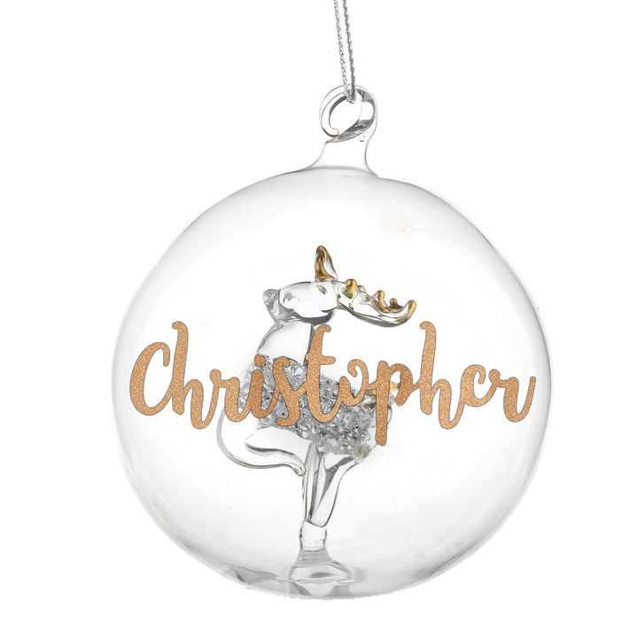 Buy Personalised Gold Glitter Name Only Reindeer Glass Bauble at www.giftsfinder.co.uk