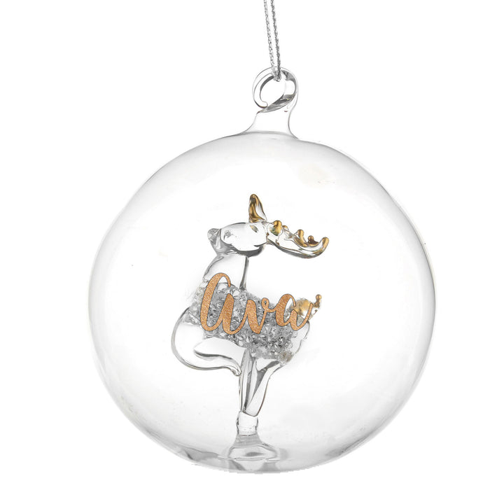 Buy Personalised Gold Glitter Name Only Reindeer Glass Bauble at www.giftsfinder.co.uk