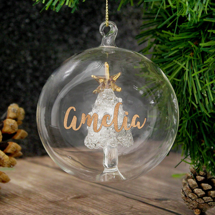 Buy Personalised Gold Glitter Name Only Tree Glass Bauble at www.giftsfinder.co.uk