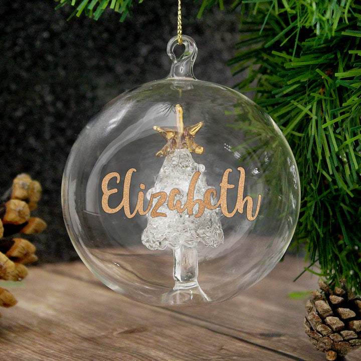 Buy Personalised Gold Glitter Name Only Tree Glass Bauble at www.giftsfinder.co.uk