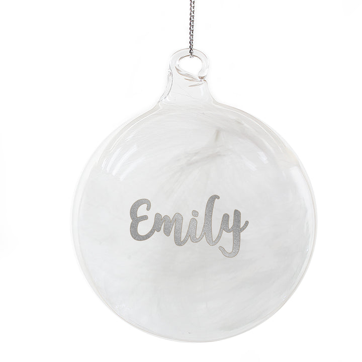 Personalised Silver Glitter Name Only Feather Glass Bauble