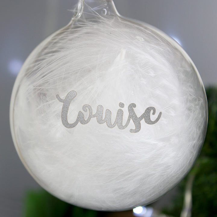 Personalised Silver Glitter Name Only Feather Glass Bauble - part of the Gifts Finder Personalised Glass Baubles collection