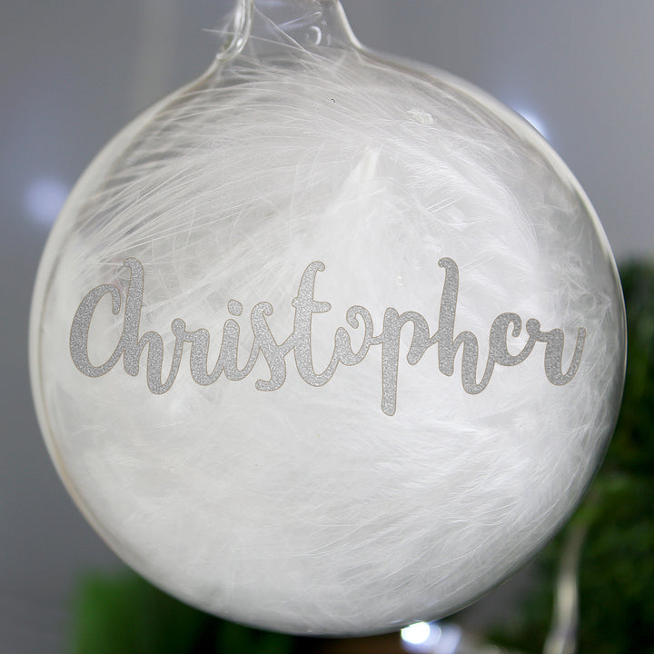 Personalised Silver Glitter Name Only Feather Glass Bauble - part of the Gifts Finder Personalised Glass Baubles collection