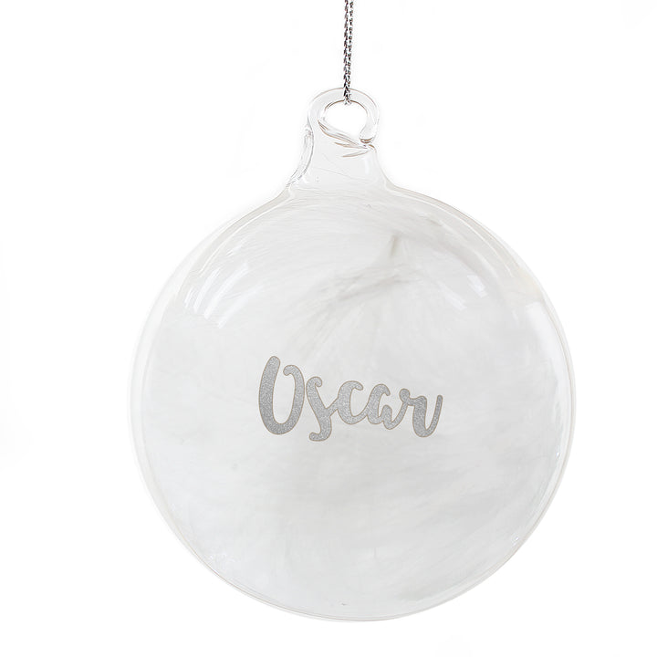 Personalised Silver Glitter Name Only Feather Glass Bauble - part of the Gifts Finder Personalised Glass Baubles collection