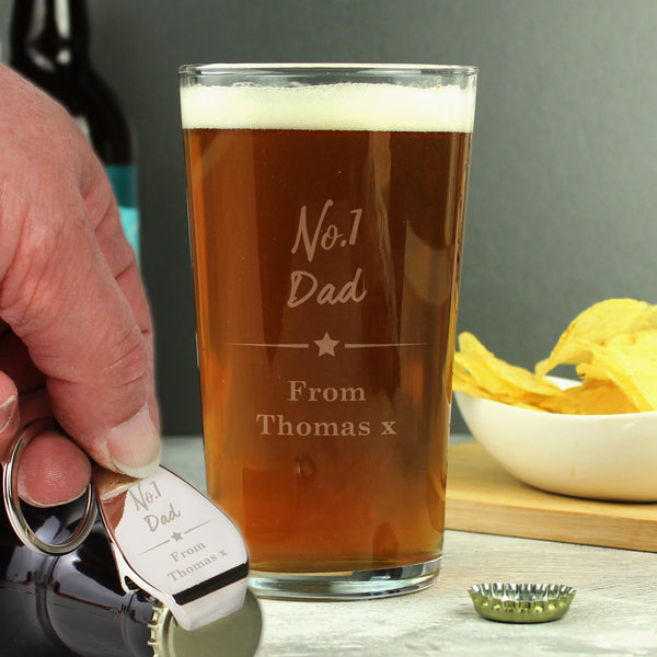 Buy Personalised No.1 Pint Glass & Bottle Opener Set at www.giftsfinder.co.uk