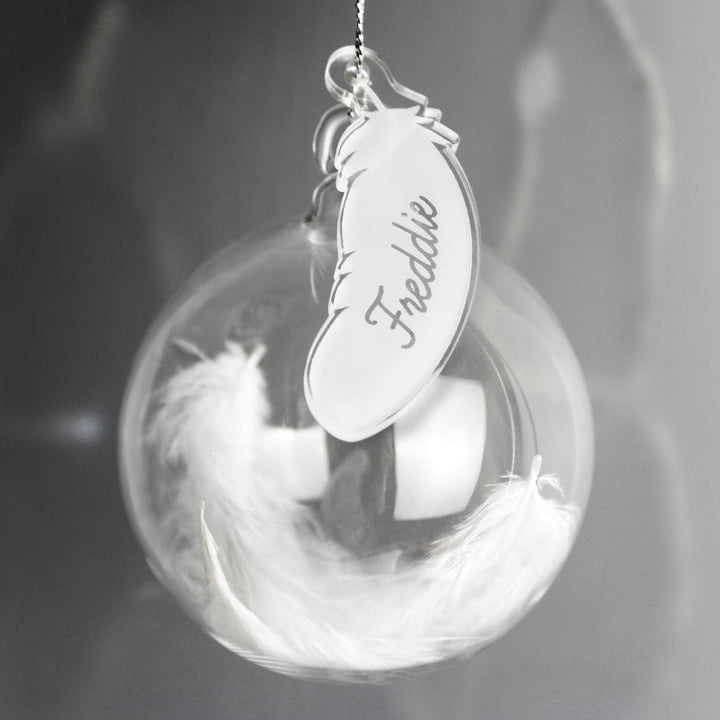 Buy Personalised White Feather Glass Bauble at www.giftsfinder.co.uk