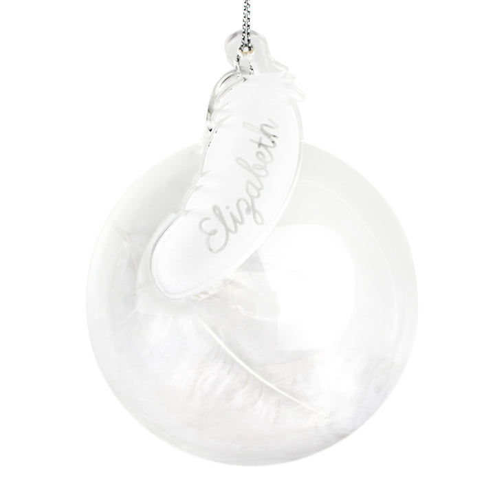 Buy Personalised White Feather Glass Bauble at www.giftsfinder.co.uk