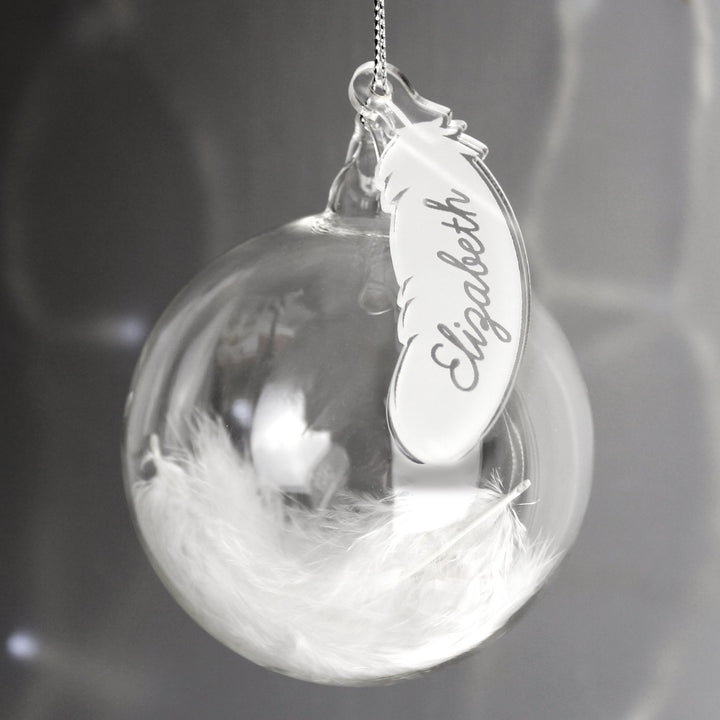 Buy Personalised White Feather Glass Bauble at www.giftsfinder.co.uk