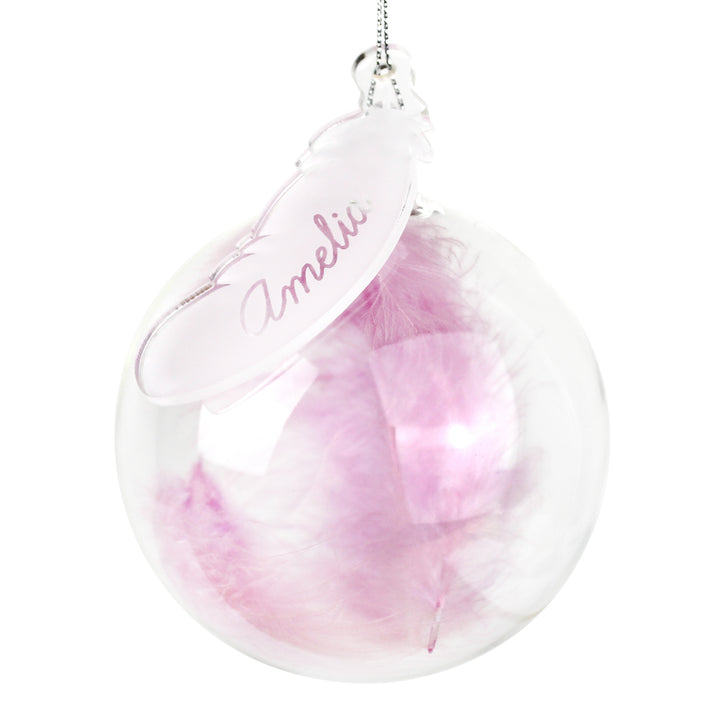 Personalised Pink Feather Glass Bauble - part of the Gifts Finder Personalised Glass Baubles collection