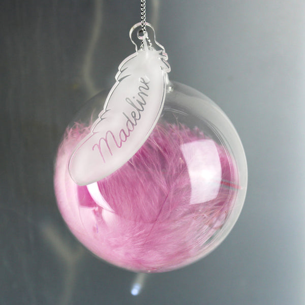 Buy Personalised Pink Feather Glass Bauble at www.giftsfinder.co.uk