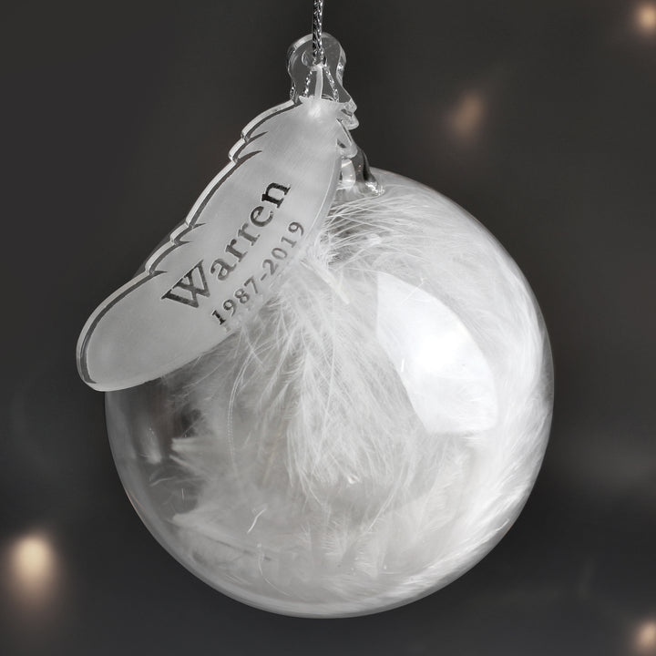 Buy Personalised Name & Date Feather Glass Bauble at www.giftsfinder.co.uk