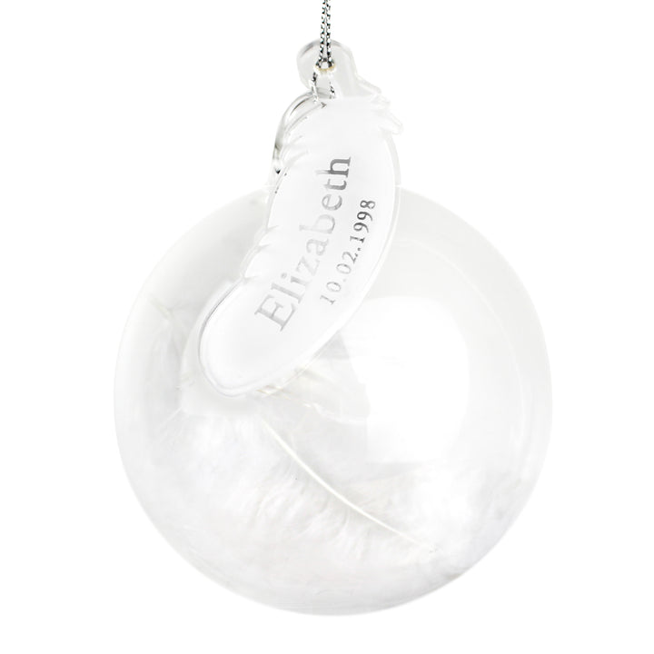 Buy Personalised Name & Date Feather Glass Bauble at www.giftsfinder.co.uk